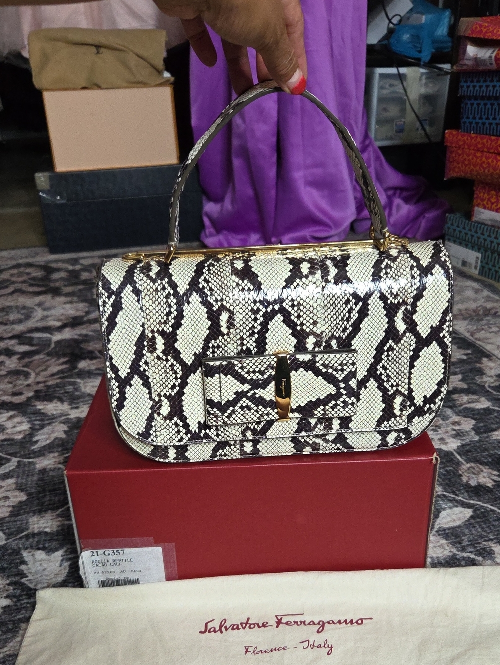 Salvatore Ferragamo Cream and Black Snakeskin Hard To Find Item Shoulder Bag.